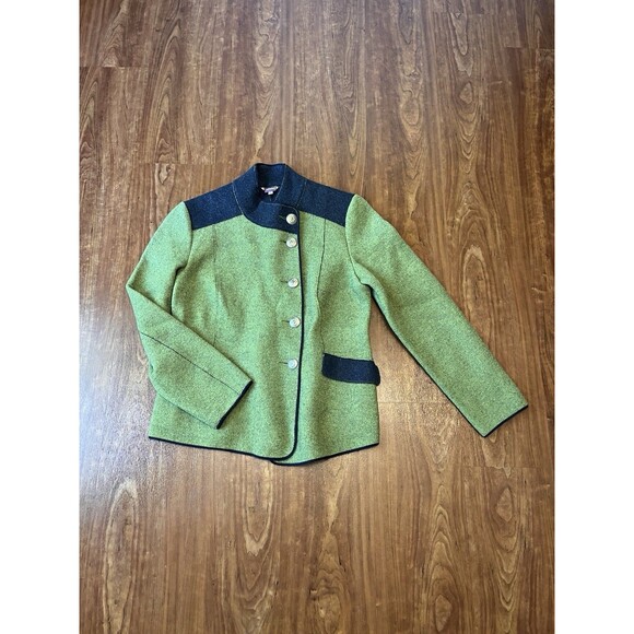 Geiger Boiled Wool Button Up Jacket Green & Blue Colorblock Celtic Buttons 42 - Picture 1 of 9